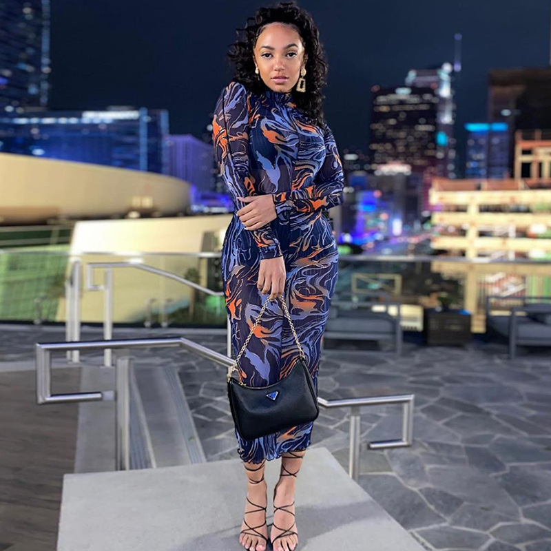 Round Neck Long Sleeve Fashion Slim Printed Mid length Dress Women Blue - Shop at LoveMi