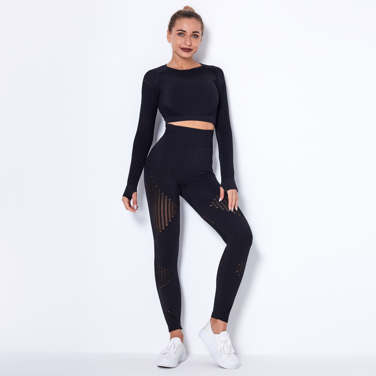 Seamless Mesh Sexy Sports Yoga Long-sleeved Striped Fitness Pants Suit
