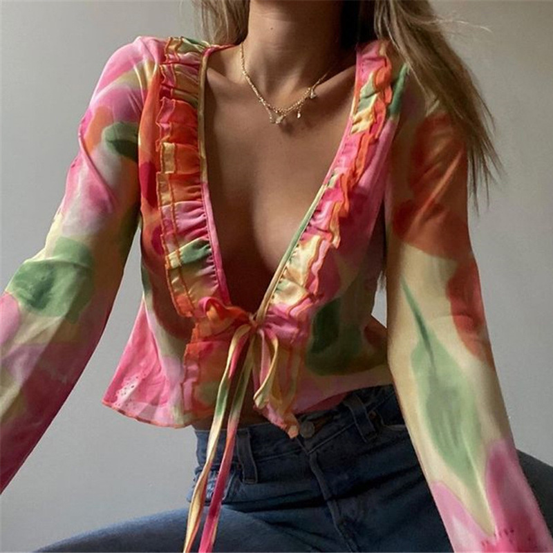 Deep V Print Loose Chiffon Long Sleeve Shirt
