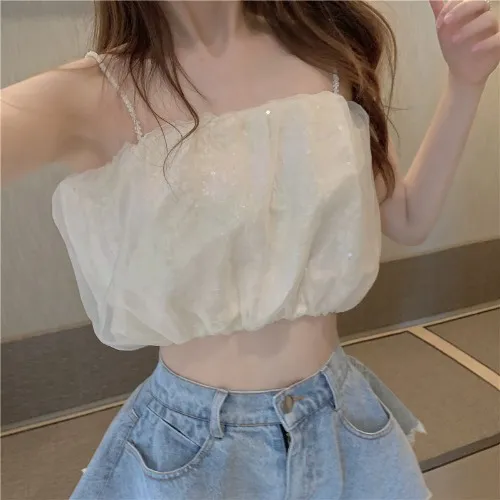 Lace Bottoming, Denim High waisted Shorts, Two piece Women Beige Gauze Top - Shop at LoveMi