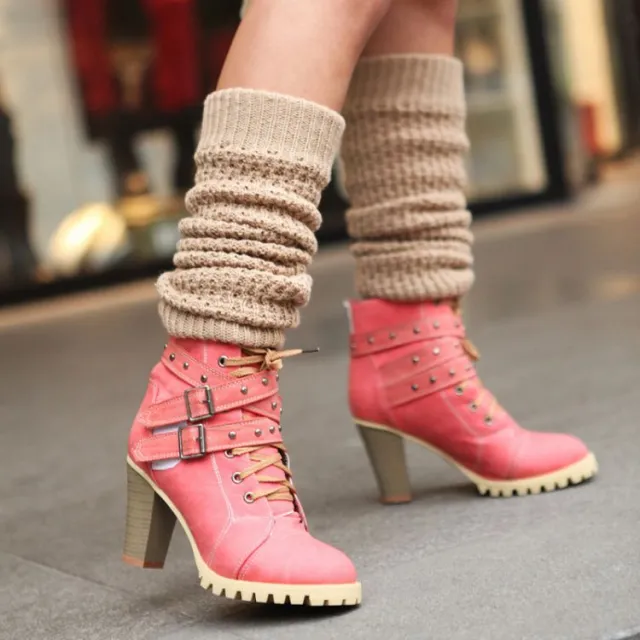 Punk Women'S Retro Ankle Boots With Buckle Straps And Thick Heel Laces Red - Shop at LoveMi