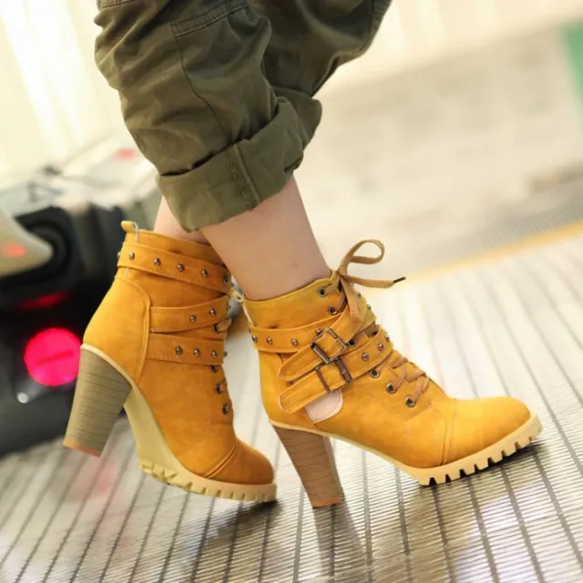 Punk Women'S Retro Ankle Boots With Buckle Straps And Thick Heel Laces Yellow - Shop at LoveMi