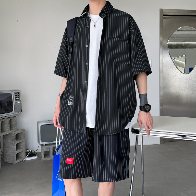 Striped Short-sleeved Shirt Loose Straight-leg Shorts Two-piece Suit