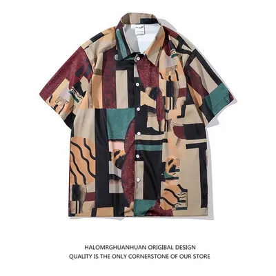 Beach Print Shirt Men's Retro Baroque Style Loose Short Sleeves