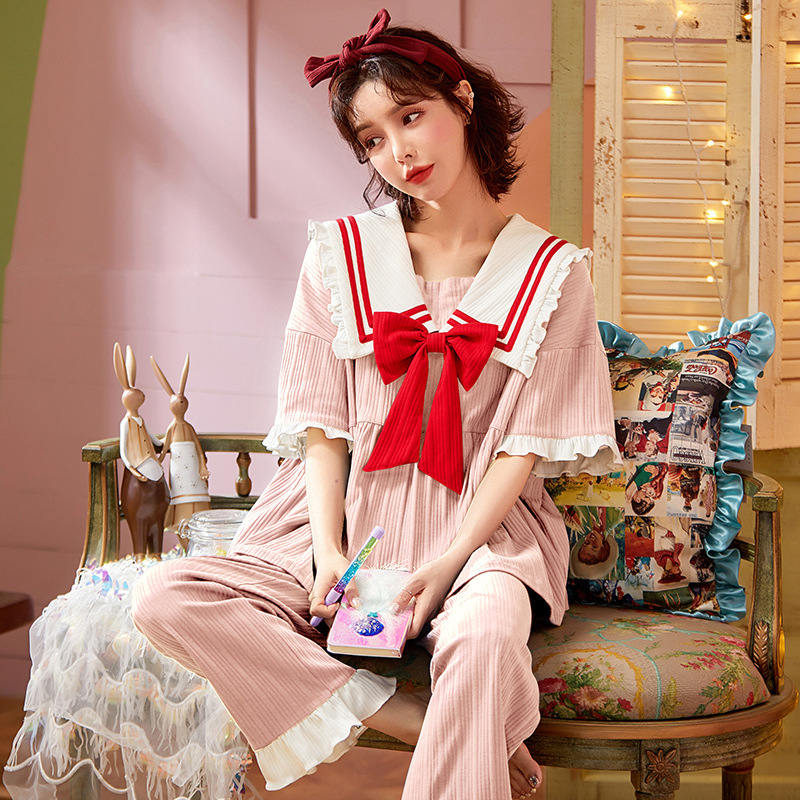 Women's Knitted Cotton Short-sleeved Trousers Cartoon Home Service