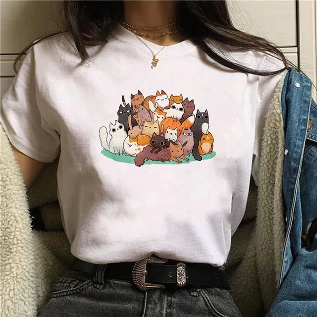 Cartoon Cat Print Ladies Short Sleeve 3 Style - Shop at LoveMi