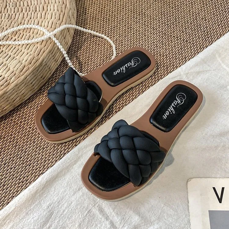Slippers Women's Summer New Style Flat Square Toe Fake Woven Sandals - Black