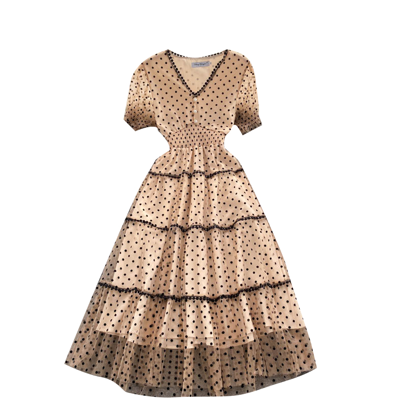 Sweet Dot Mesh Dress  Goddess Temperament V-neck Slim Mid Length Fairy Dress