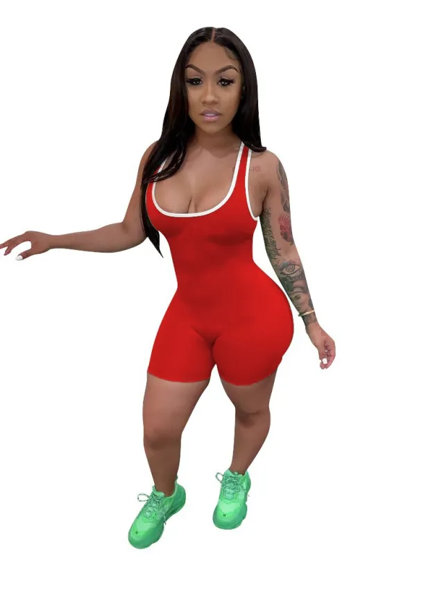 Women's Sexy Solid Color Casual Sports Vest Jumpsuit Red - Shop at LoveMi