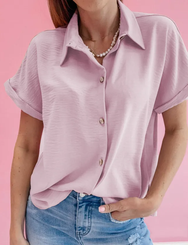 Summer Solid Color Short Sleeved High Elastic Wrinkle Single Breasted Shirt Collar Top Pink - Shop at LoveMi