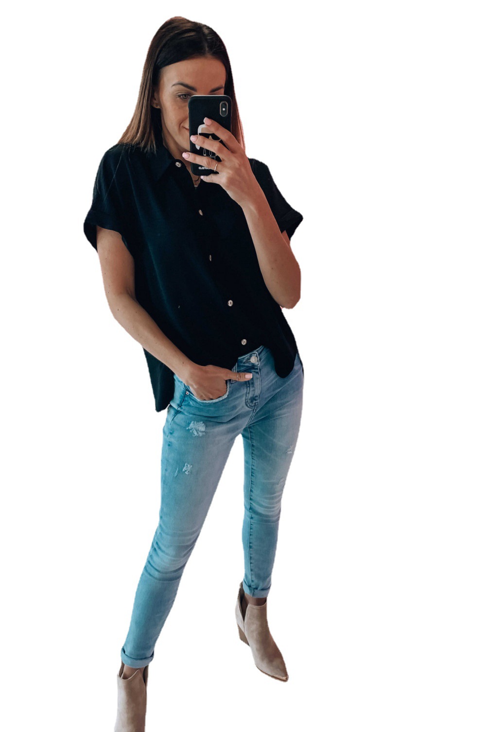 Summer Solid Color Short Sleeved High Elastic Wrinkle Single Breasted Shirt Collar Top