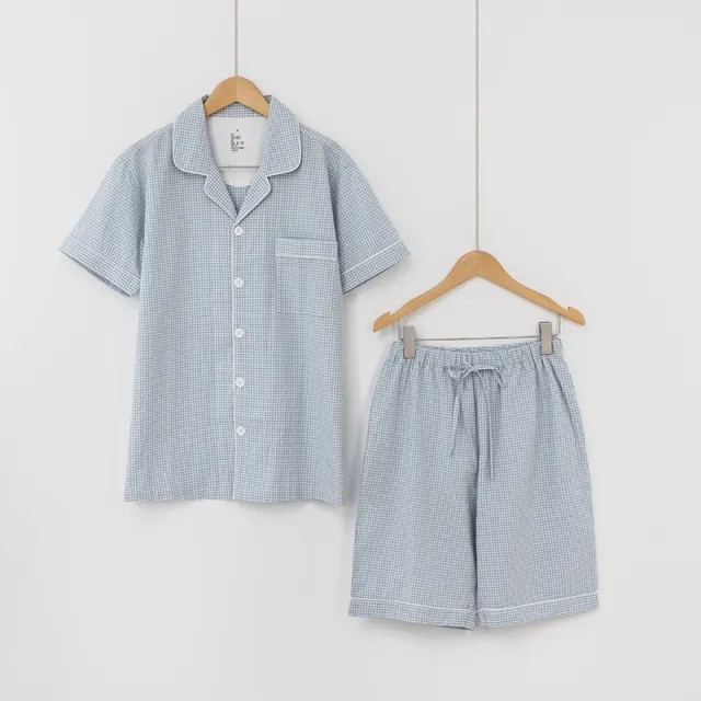 Cotton Pajamas Thin Style Home Service Suit Shorts Plaid Blue - Shop at LoveMi