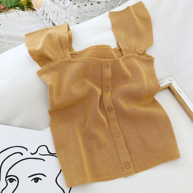 Lapel Exposed Clavicle Single breasted Knitted Vest Net Suspenders Yellow - Shop at LoveMi
