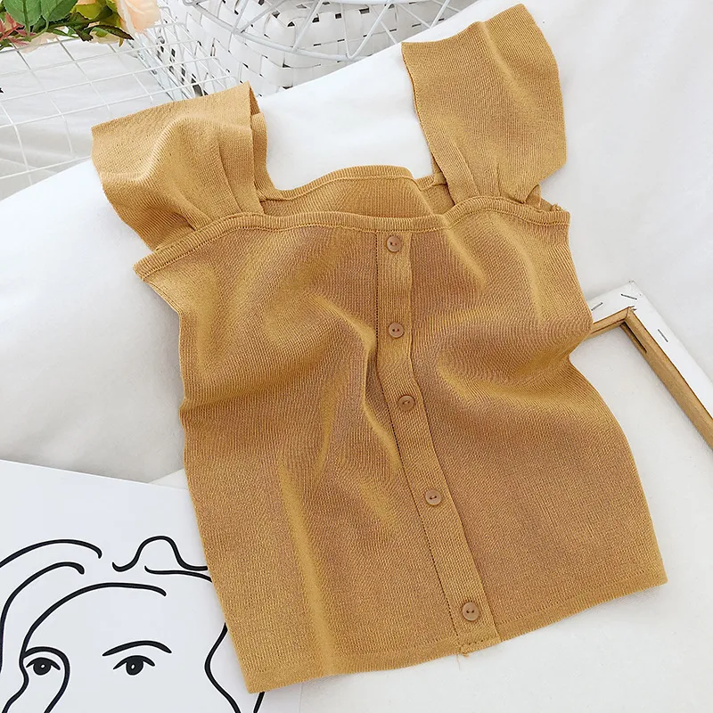 Lapel Exposed Clavicle Single-breasted Knitted Vest Net Suspenders - Yellow