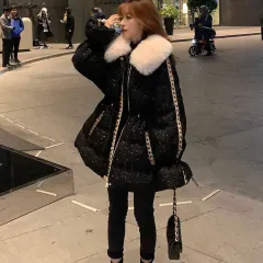 Women's Small Fragrant Style Cotton Coat Mid-length - Black - View 1