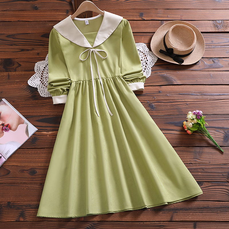 Dress  Navy Collar Loose Long Sleeve Dress Women