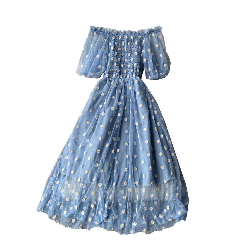 Embroidery Strapless Dress Printed Net Yarn Long Floral Dress Women — image 1