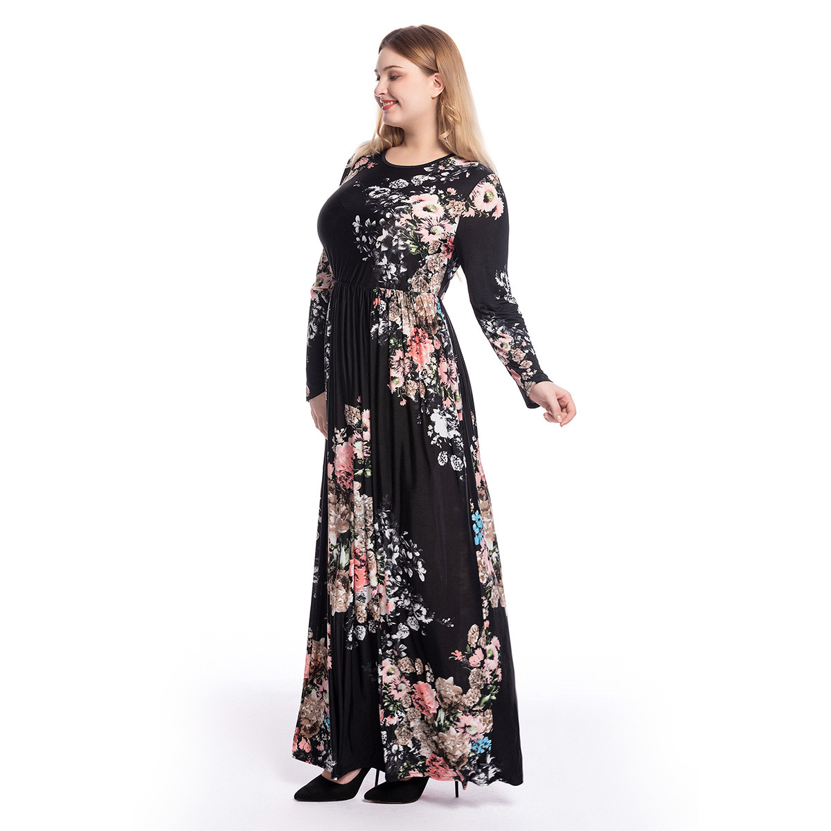 Hot Selling Plus Size Women's Printed Slim Long-sleeved Round Neck Dress