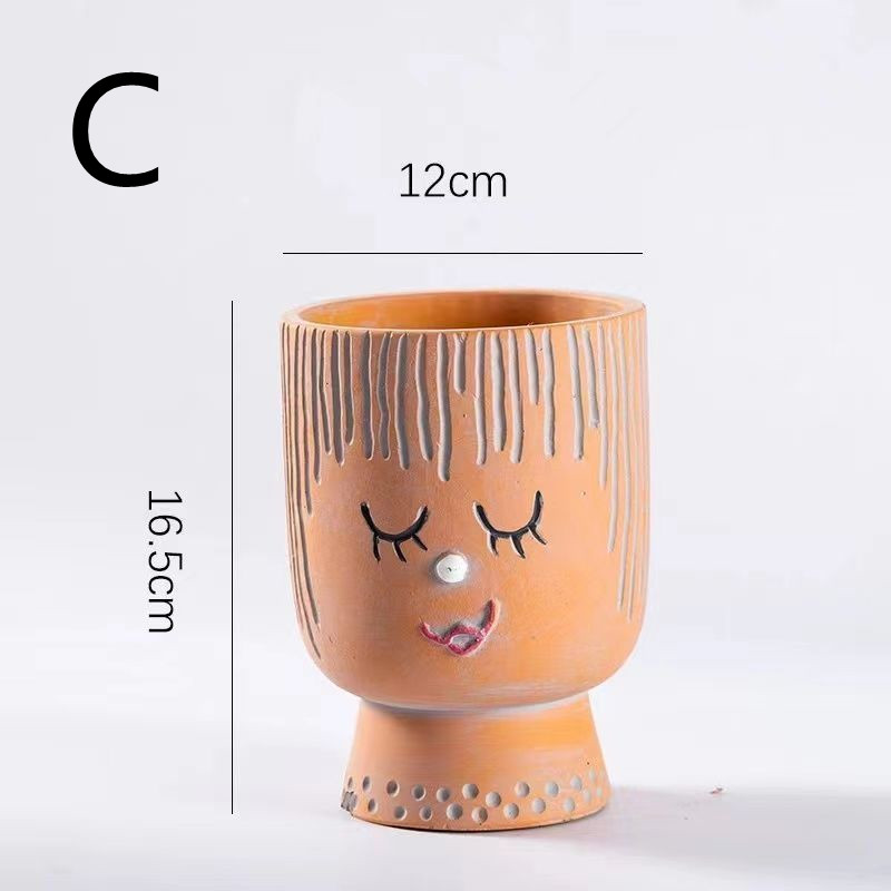 Orange Cute Head Flower Pot with face expression and size details.