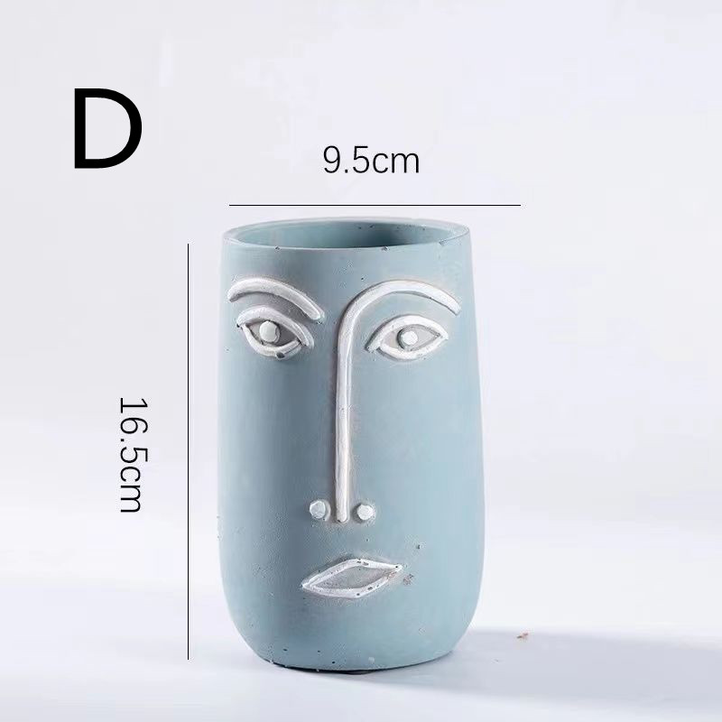 Tall Cement Flower Pot with smiling female face and dimensions.