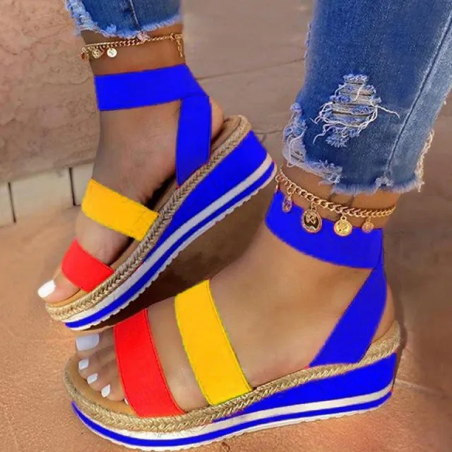 Platform Wedge Heel Color Matching Ladies Sandals Twine Blue - Shop at LoveMi