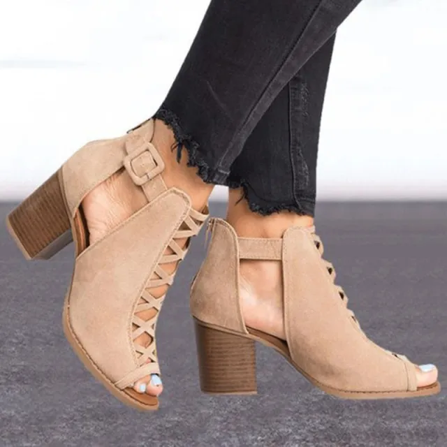Thick heeled High heeled Roman Fish Mouth Hollowed Large Size 43 Buckle Sandals Apricot - Shop at LoveMi