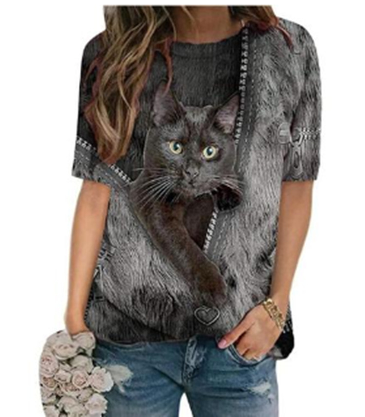 Cartoon Zipper Cat Print Casual O-neck Short Sleeves