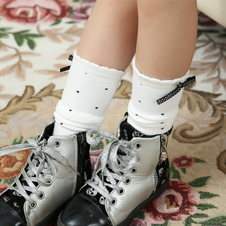 Korean Style Bowknot Polka Dot Diamond Lattice Cotton Girls Mid-high Socks