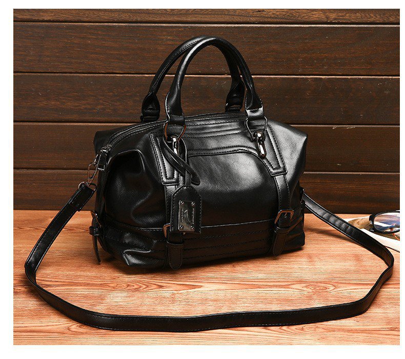 Shoulder Messenger Portable Boston Bag Single Shoulder Bag Soft Leather Trendy Bag Black - Shop at LoveMi