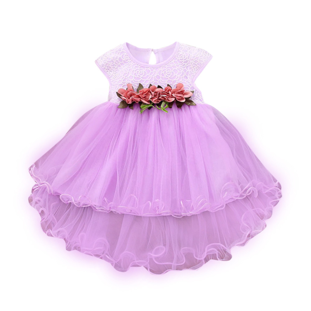 New Summer Korean Cotton Short sleeved Girls Dress Flower Net Yarn Princess Dress Four color Optional Children's Skirt Purple - Shop at LoveMi