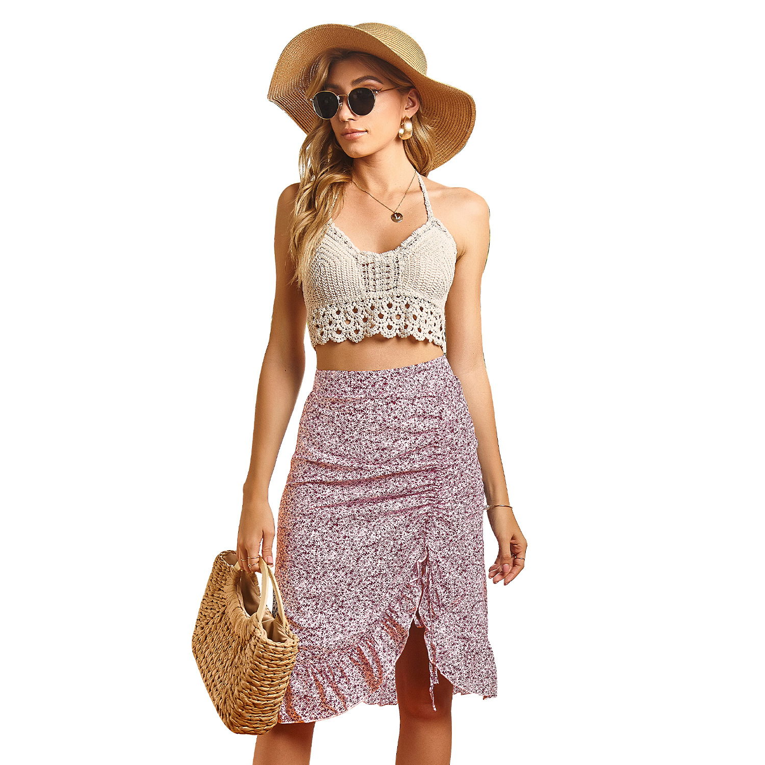 Printed Irregular Skirt High Waist Mid Skirt