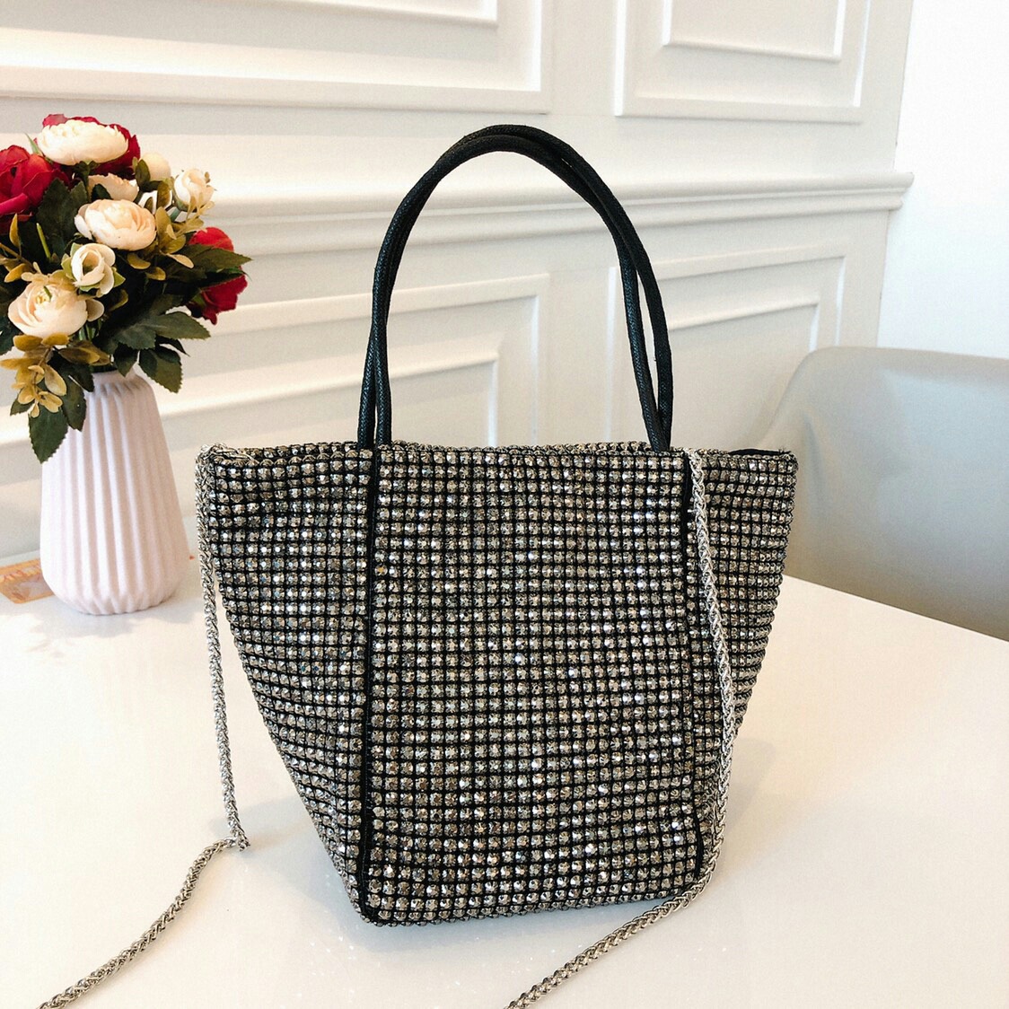 Bling Rhinestone Evening Handbag Women Luxury Fashion Diamonds Chain Shoulder Bags Black - Shop at LoveMi