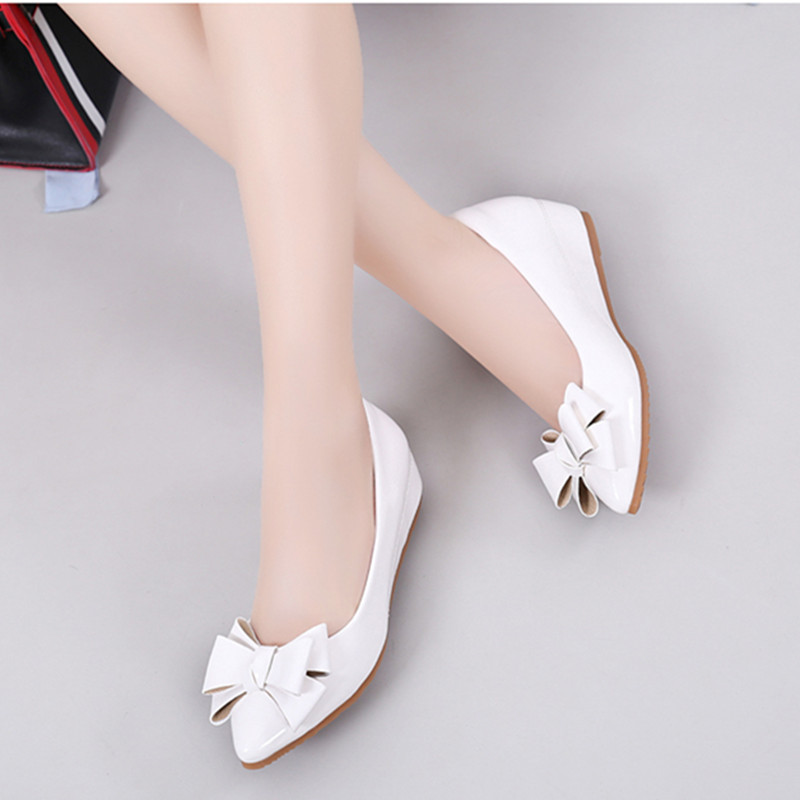 Leather White Patent Leather Inner Heightened Slope Heel Pointed Casual Women's Shoes Small Size Flat Single Shoes Mid-heel