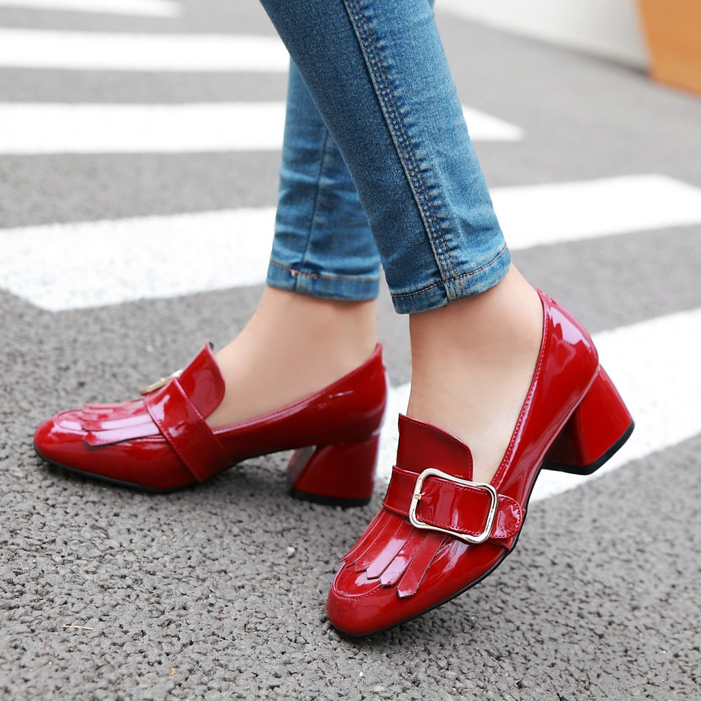Square Toe Patent Leather Belt Buckle Solid Color Korean Style Thick Heel Ladies Shoes