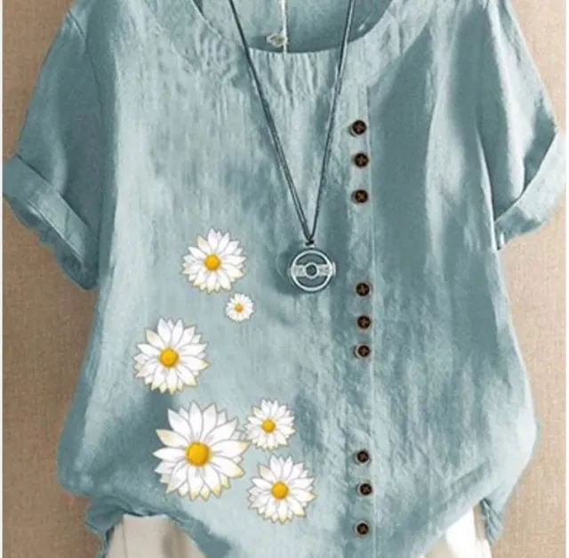 New Women's Retro Cotton And Linen Printing Loose Casual Shirt Women Blue - Shop at LoveMi