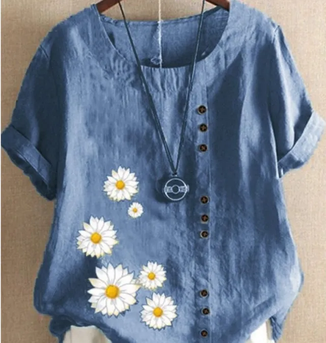 New Women's Retro Cotton And Linen Printing Loose Casual Shirt Women Dark Blue - Shop at LoveMi