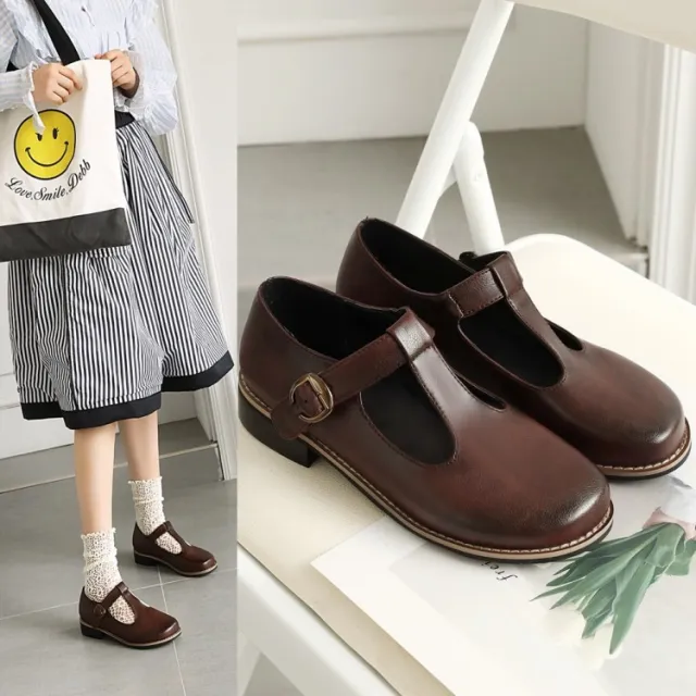 Women Flats Round Toe Shallow Mouth Mary Jane Ankle Strap Buckle Brown - Shop at LoveMi