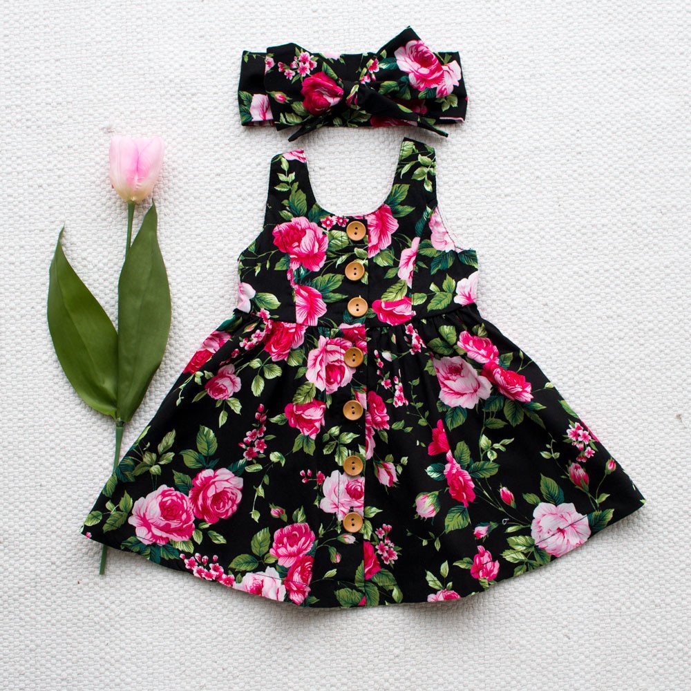 Girls' Hair Band Printed Floral Dress