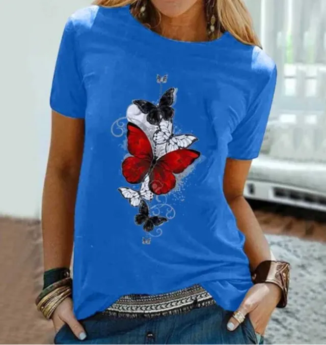Butterfly Print Short Sleeve Loose Blue - Shop at LoveMi