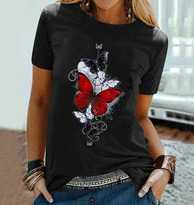 Butterfly Print Short Sleeve Loose - Black