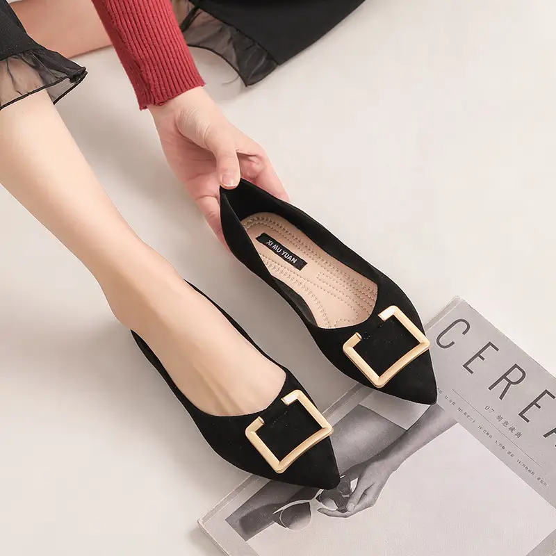Flat Shoes Women's Shallow Mouth Square Buckle Ladies Soft-soled Low-top Shoes