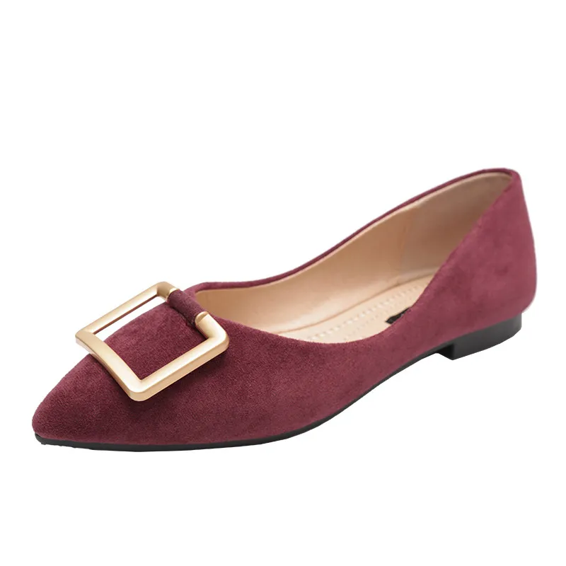 Flat Shoes Women's Shallow Mouth Square Buckle Ladies Soft-soled Low-top Shoes - Wine