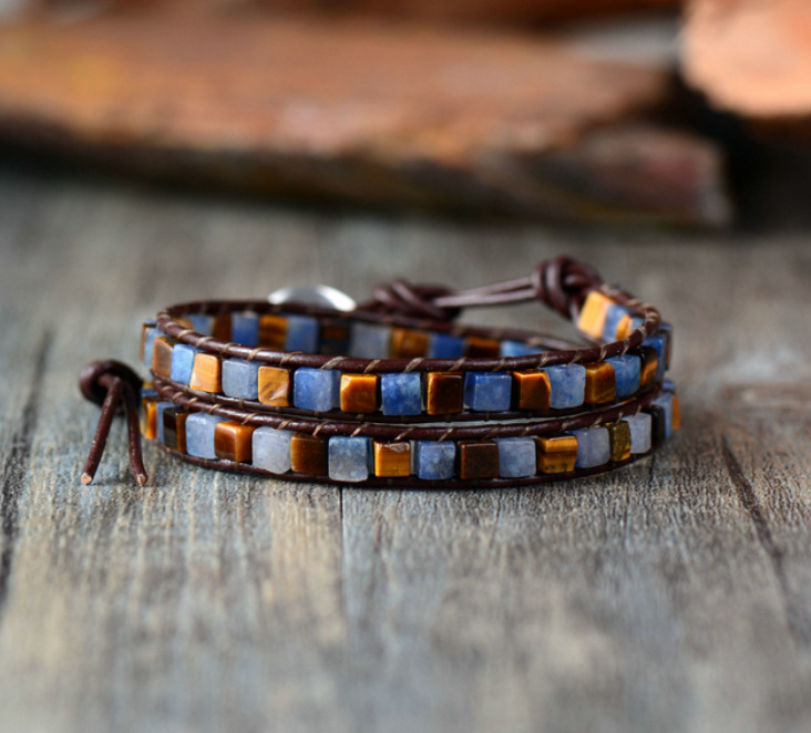Leather Bracelet Mixed Natural Stone Vintage Hand-woven