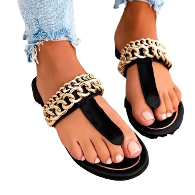 Round Head Flat Chain Slippers Black - Shop at LoveMi