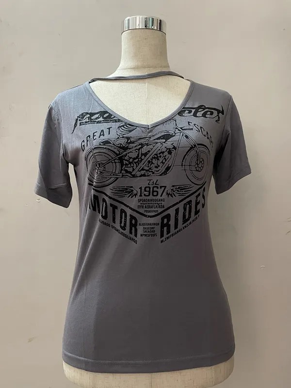 Casual Retro Printed Short sleeved T shirt Grey - Shop at LoveMi