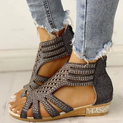 Flat Cutout Roman Rhinestone Sandals - Grey - View 1