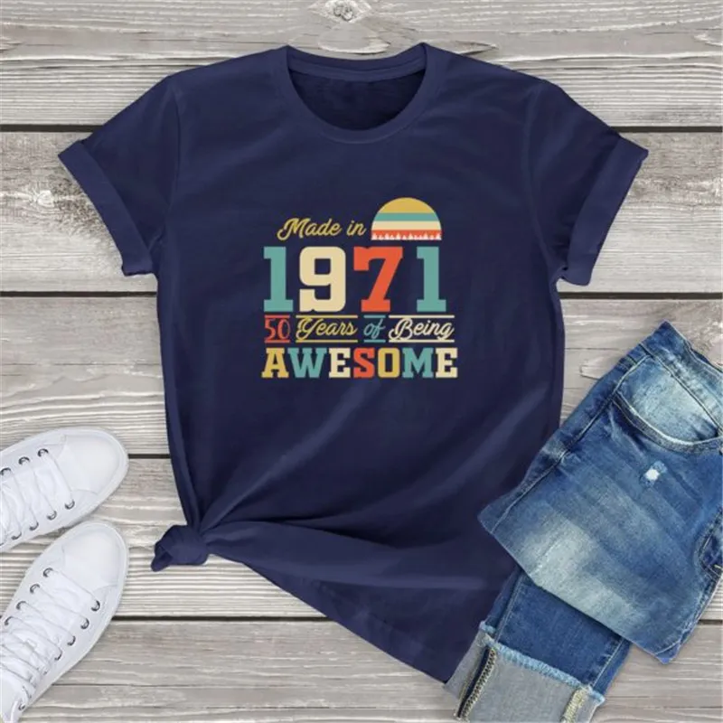 Flower Figure Round Neck Cotton Top Summer Short-sleeved T-shirt - Navy