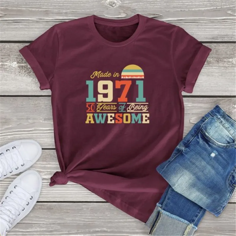 Flower Figure Round Neck Cotton Top Summer Short-sleeved T-shirt - Wine