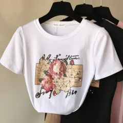 Beaded Sequins Flower Print Short Sleeved T Shirt Women Fashion Top - White - View 1