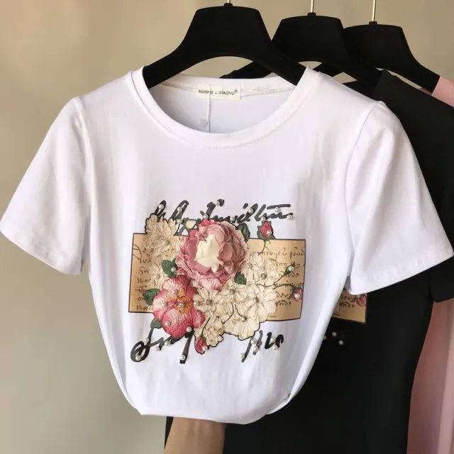 Beaded Sequins Flower Print Short Sleeved T Shirt Women Fashion Top White - Shop at LoveMi